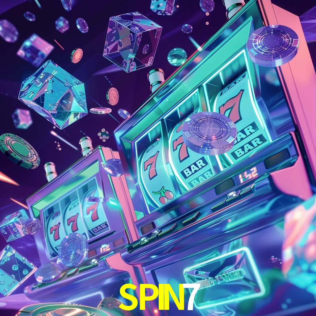 Escena dinámica inspirada en casino con iluminación SPIN7, cartas, fichas e íconos de juegos digitales en un espacio moderno de juegos.