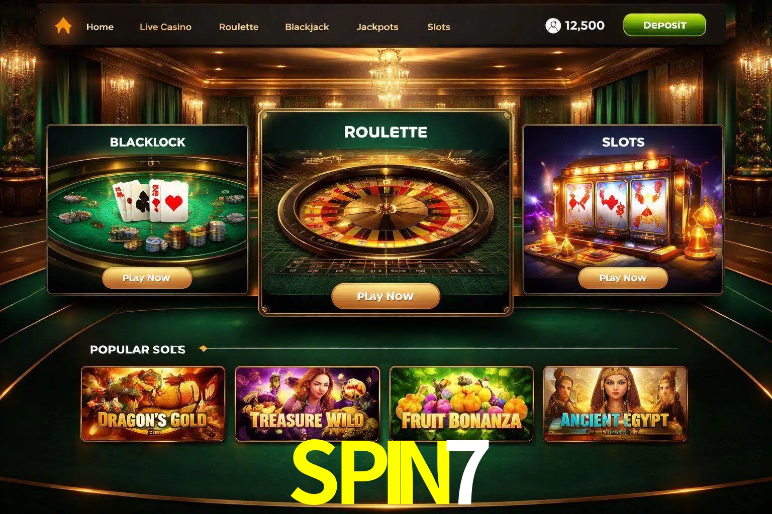Vista de la plataforma SPIN7 Casino mostrando categorías organizadas de juegos en línea