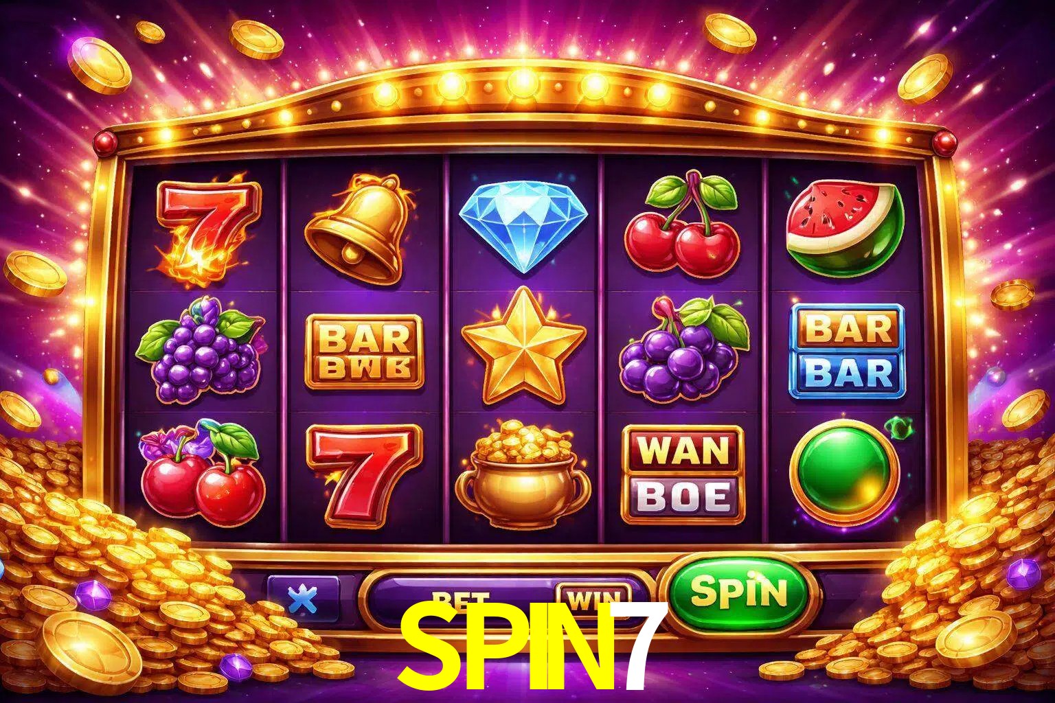 Una interfaz colorida de tragamonedas en línea con símbolos brillantes, monedas y un efecto de victoria celebratoria en SPIN7.