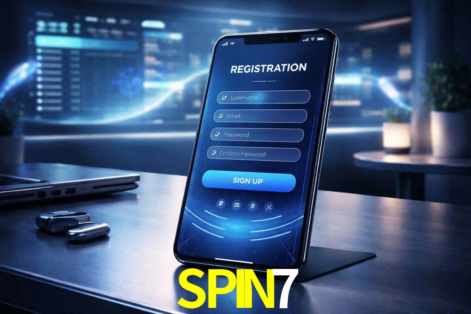 Una interfaz moderna de registro móvil para SPIN7 mostrada en un smartphone con un panel de apuestas elegante.